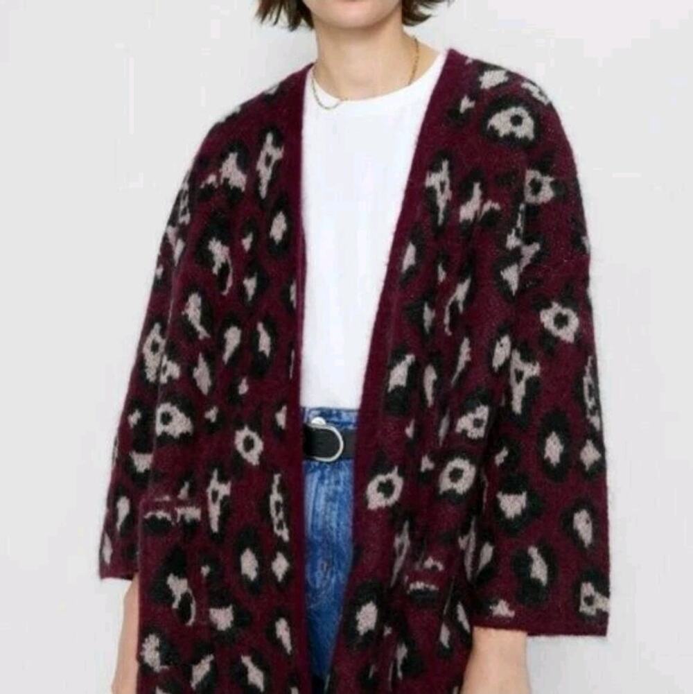 Zara Mohair Wool Leopard Cardigan M L Burgundy Animal Print Wool Mohair Blend